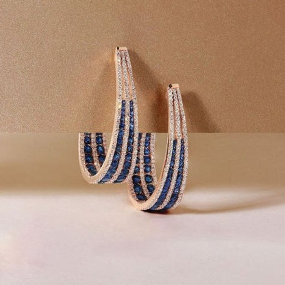 Rose Gold Multi-Row Round Cut Blue Sapphire Hoop Earrings
