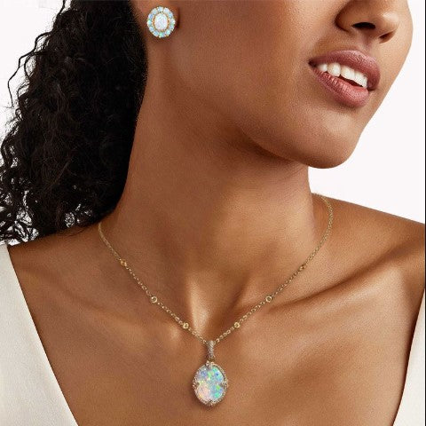 Halo Golden Oval Opal Jewelry Set – Necklace & Earrings