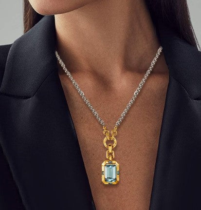 Two-Tone Emerald Cut Aquamarine Sapphire Necklace