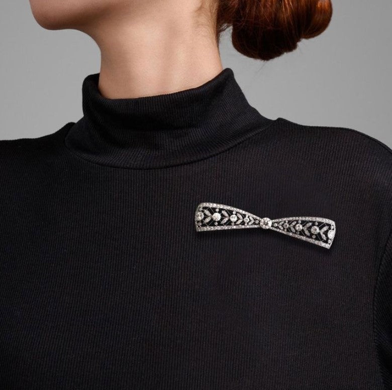 Milgrain Round Cut White Sapphire Bow Brooch