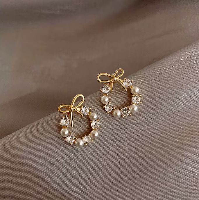 Graceful Pearl Wreath Bow Earrings