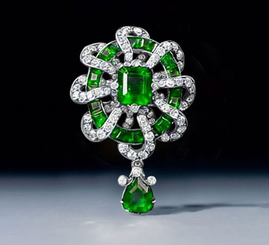 Antique Asscher & Pear Cut Emerald Sapphire Brooch