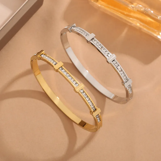 シンプルジルコン ダブルレイヤー 幾何学オープンブレスレット