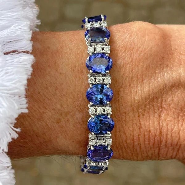 1+1 Offer: Oval & Round Cut Blue Tanzanite Bracelet + Knot Round Cut Blue Sapphire Wedding ring