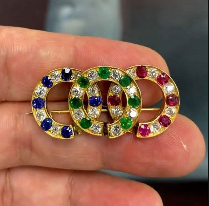 Gold Round Cut Multi-Colored Circle Brooch