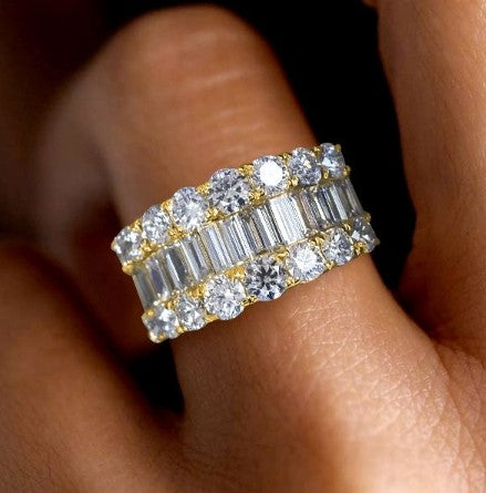 Golden Triple Row Baguette Cut White Sapphire Wedding Ring