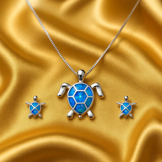 Náhrdelník a náušnice s motivem mořské želvy v opálu a stříbře