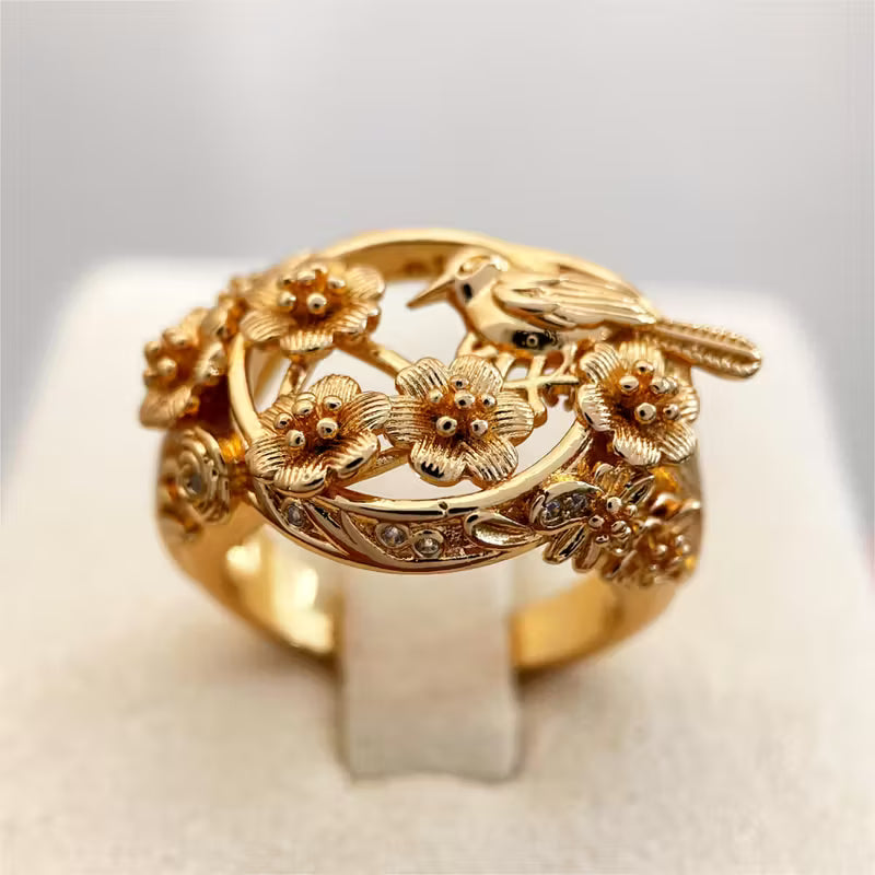 Golden Hollow Floral Bird Ring