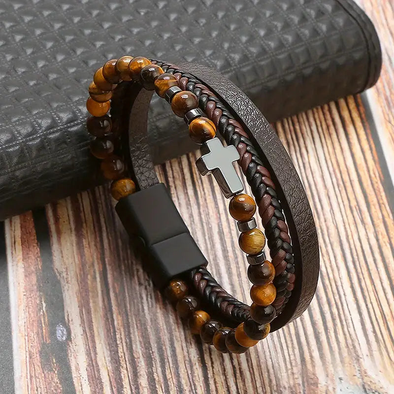 Men's Luxurious Obsidian Cross Stainless Steel Bracelet