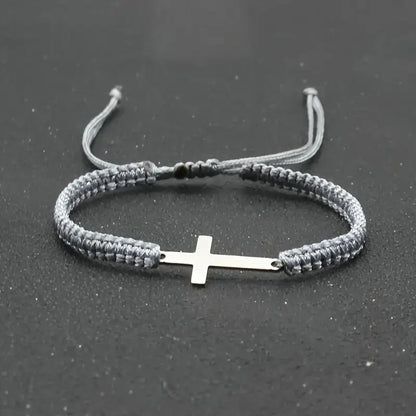 Handwoven Cross Bracelet With Silver Threads Charms