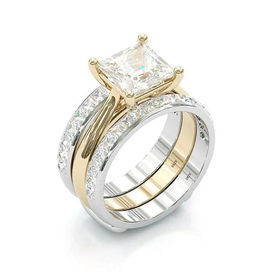 Timeless Princess Cut Bridal Ring Set – Gold & Silver