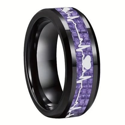 Titanium Stainless Ring Heartbeat Carbon Fiber Inlay