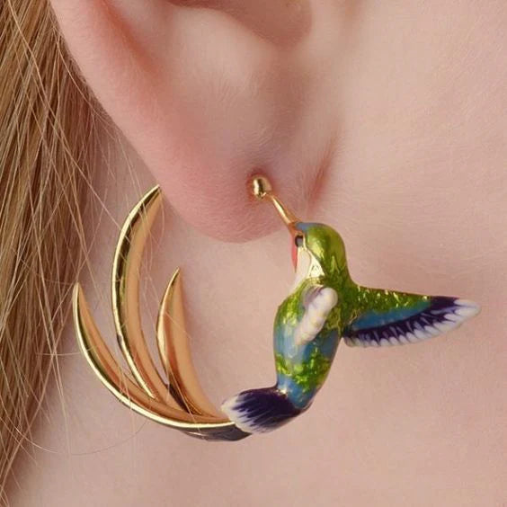 1+1 Offer: Vintage Enamel Hummingbird Hoop Earrings + Green Opal Natural Ring