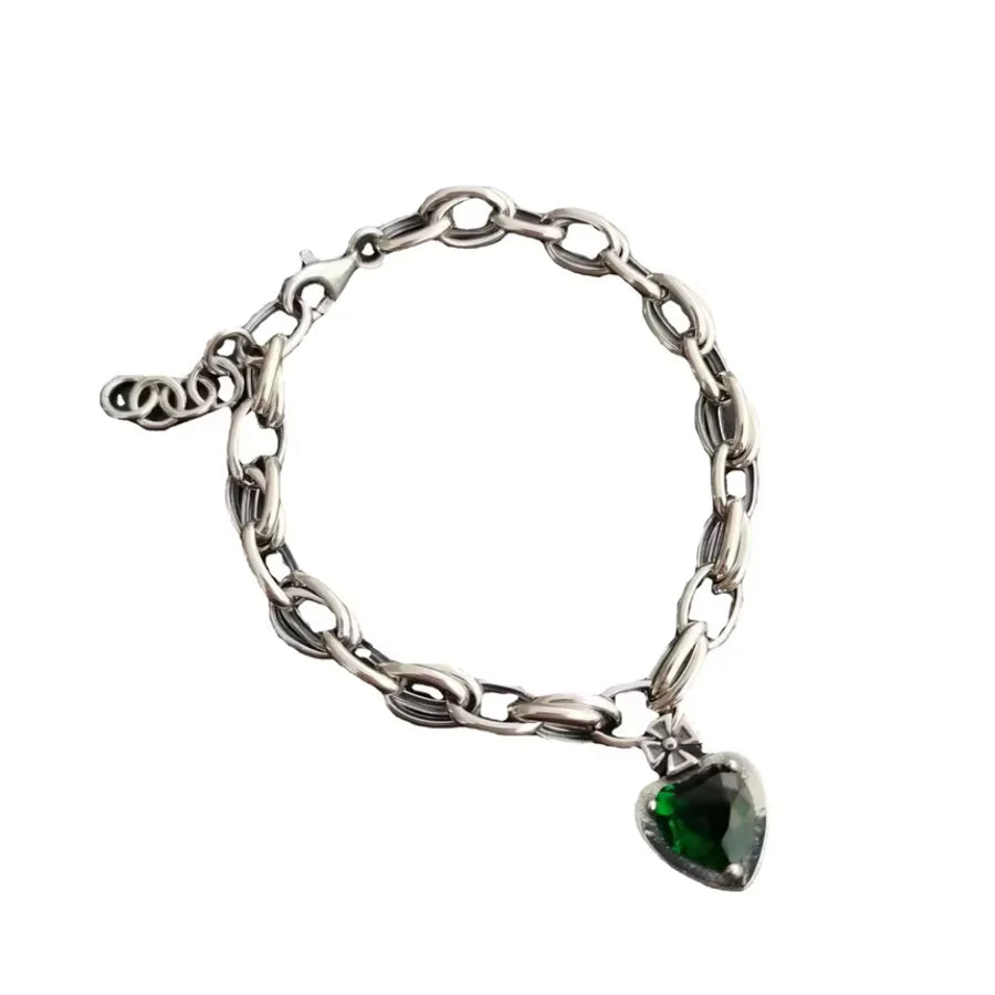 Green Crystal Gemstone Vintage Silver Charm Bracelet